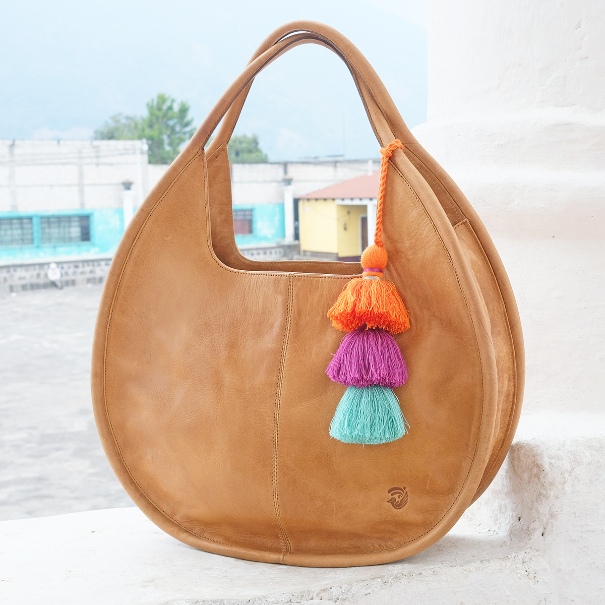 Carmen Round Leather Tote in Tan - Image 2