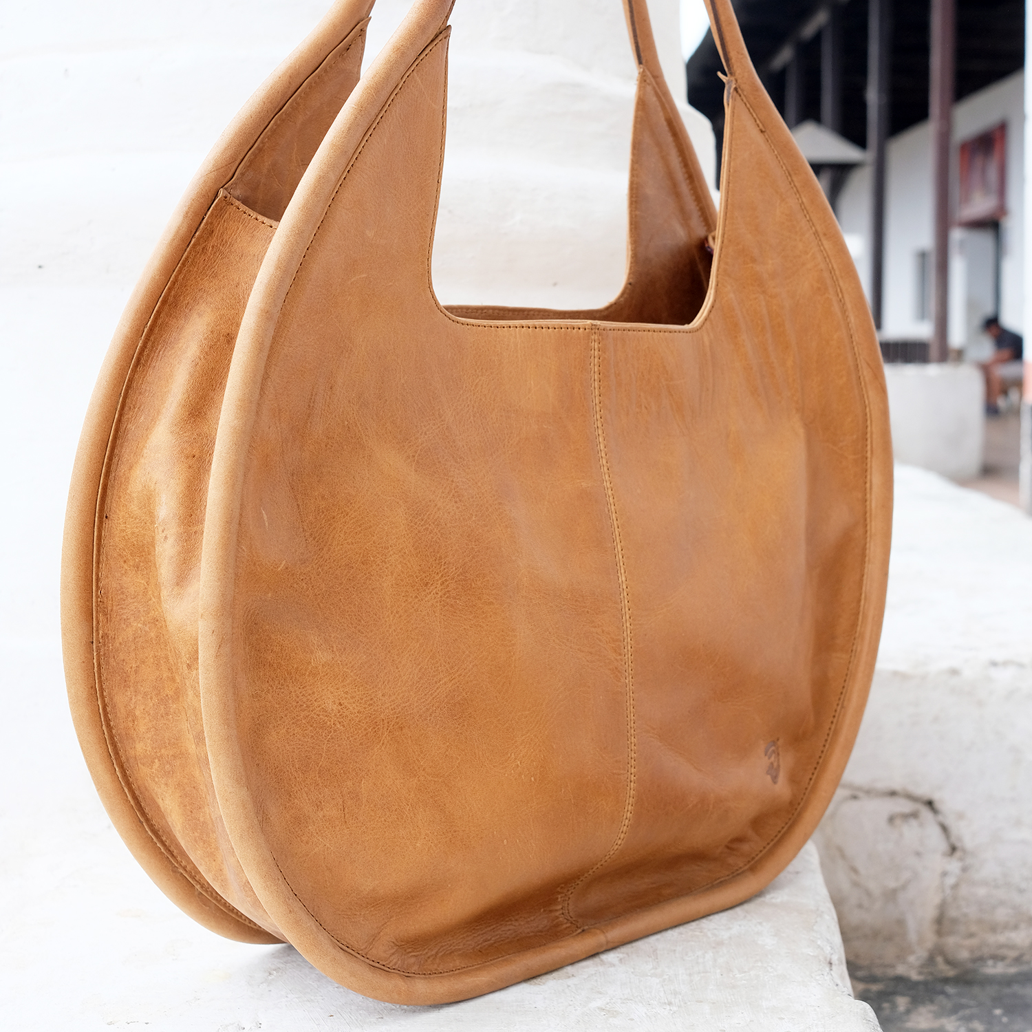 Carmen Round Leather Tote in Tan - Image 5