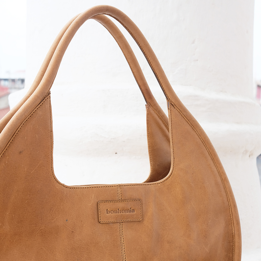 Carmen Round Leather Tote in Tan - Image 9