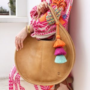 Carmen Round Leather Tote in Tan