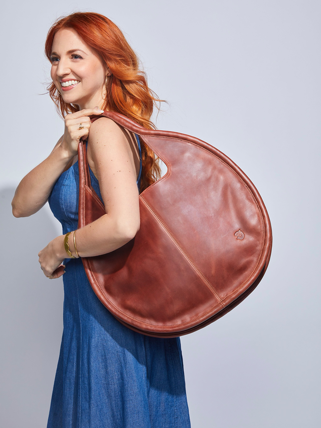 Carmen Round Leather Tote in Cognac - Image 3