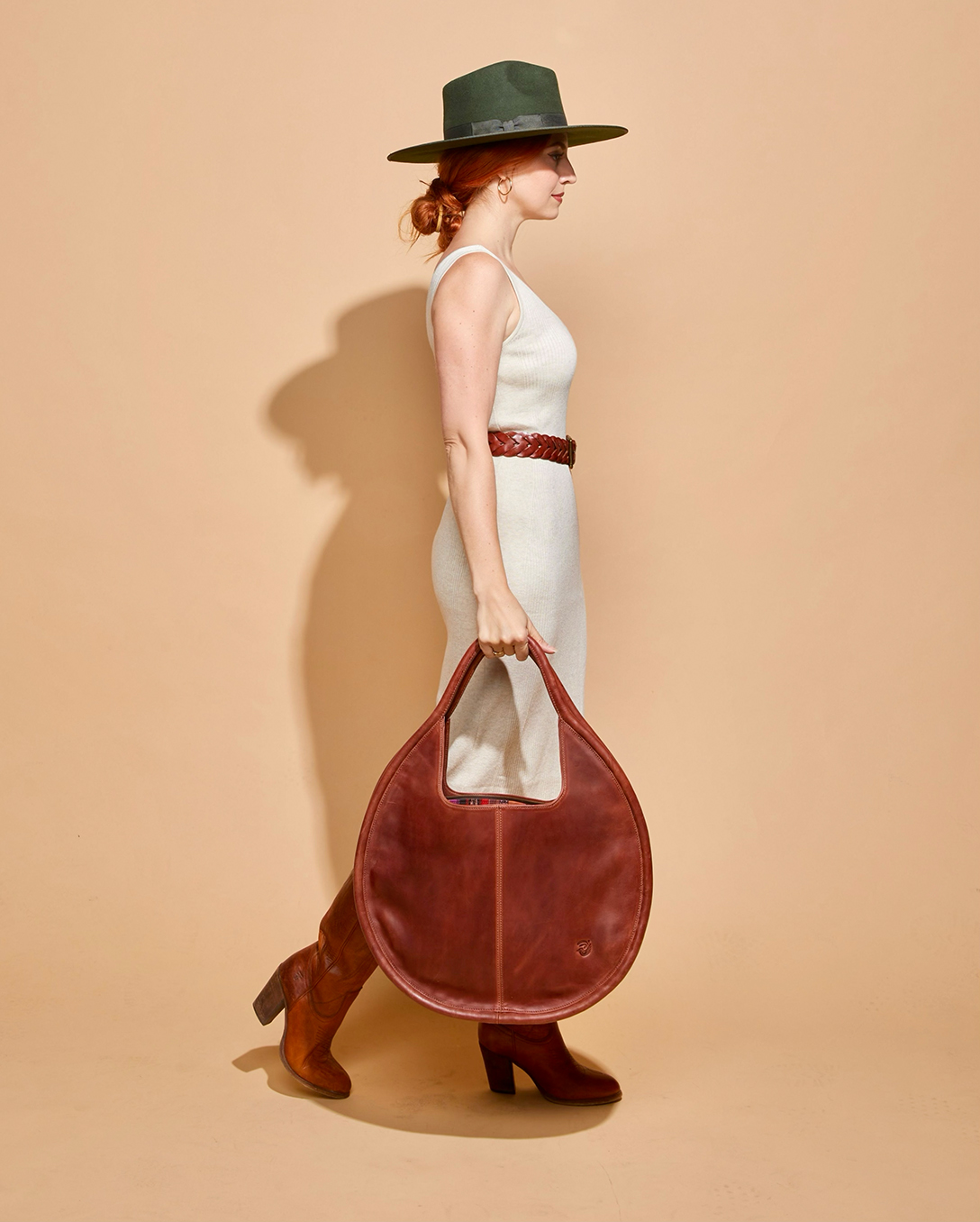 Carmen Round Leather Tote in Cognac - Image 2