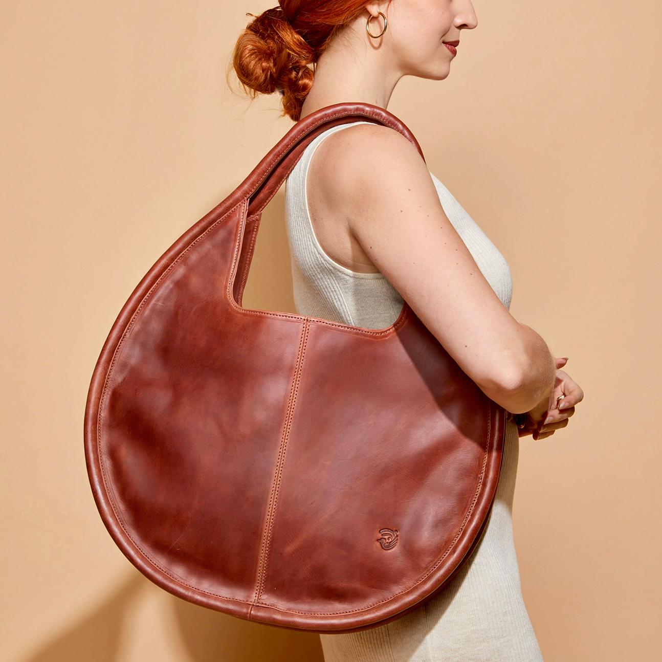 Carmen Round Leather Tote in Cognac