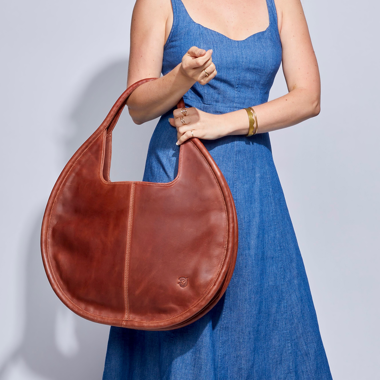 Carmen Round Leather Tote in Cognac - Image 4